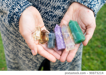 Healing crystals on brown background 90873214