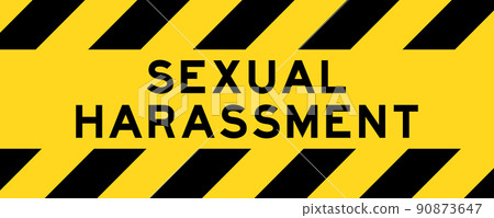 Yellow and black color with line striped label banner with word sexual harassment 90873647