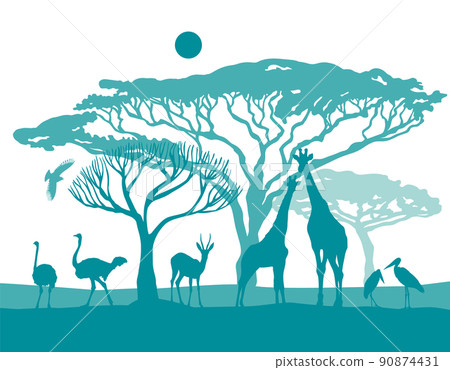 African blue landscape with animals. Vector illustration 90874431