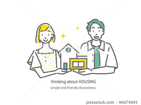 一對年輕夫婦想買自己的房子 簡單而時尚的線條畫插圖 90874895