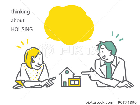 一對年輕夫婦想買自己的房子 簡單而時尚的線條畫插圖 90874896
