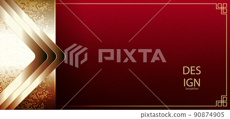 Golden arrows with a curtain on a red background with a pattern and a frame 90874905