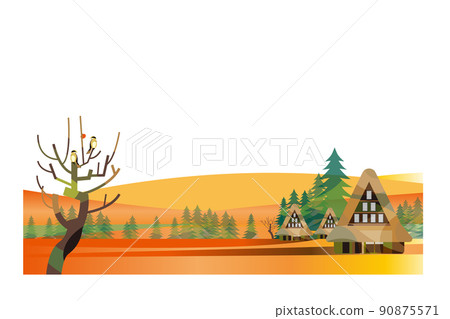 A beautiful mountain village with a gassho-zukuri, an old Japanese folk house 90875571