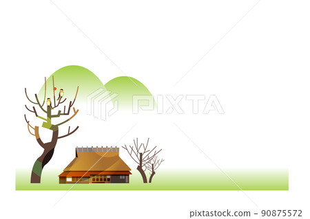 A beautiful mountain village with a gassho-zukuri, an old Japanese folk house 90875572