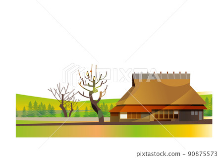 一個美麗的山村，有一座古老的日本民居合掌造 90875573