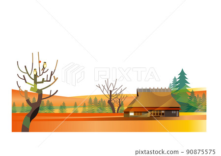 A beautiful mountain village with a gassho-zukuri, an old Japanese folk house 90875575