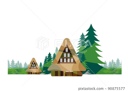 A beautiful mountain village with a gassho-zukuri, an old Japanese folk house 90875577