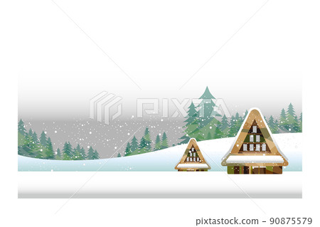 A beautiful mountain village with a gassho-zukuri, an old Japanese folk house 90875579