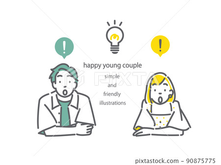 一對年輕夫婦驚訝地向前傾。簡單而時尚的線條畫插圖。 90875775