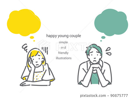 一對帶臉頰棒的年輕夫婦,簡單而時尚的線條畫插圖 一對帶臉頰棒的年輕夫婦,簡單而時尚的線條畫插圖 90875777