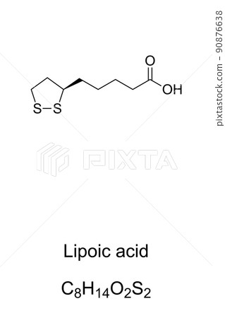 Lipoic acid, LA, chemical formula and structure. Also known as alpha lipoic acid, ALA, or thioctic acid. Organosulfur compound, available as a dietary supplement or drug, marketed as an antioxidant. 90876638