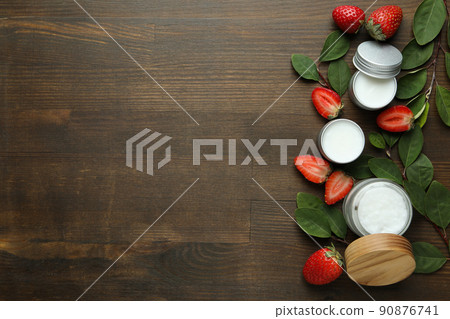 Concept of eco face care cosmetic on wooden background Concept of eco face care cosmetic on wooden background 90876741