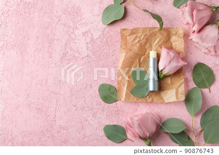 Concept of cosmetic with eco hygienic lipstick on pink background 90876743