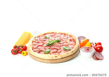 Concept of tasty food with salami sausage on mint background Concept of tasty food with salami sausage on mint background 90876879