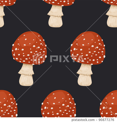 Vector Seamless Pattern with Poisonous Inedible Mushroom. Hand Drawn Cartoon Red Fly Agaric Mushroom on Black Background. Amanita Muscaria, Fly Agaric Mushrooms Seamless Texture 90877276