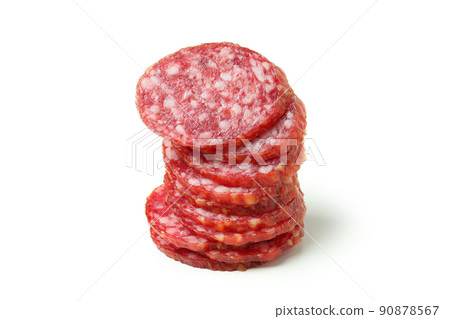 Slicing sausage salami isolated on white background 90878567