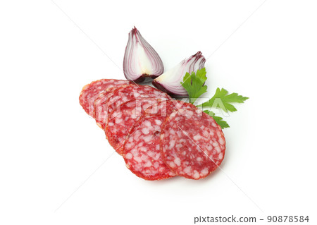 Concept of tasty food with salami sausage on orange background Concept of tasty food with salami sausage on orange background 90878584