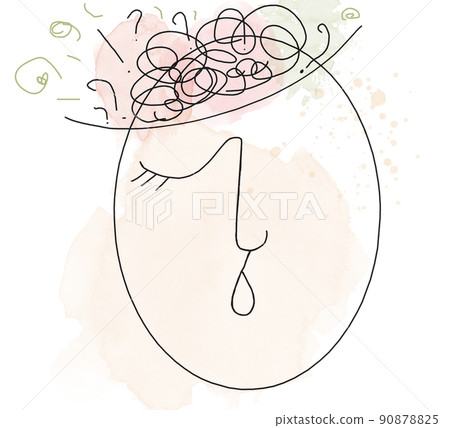 Head of a woman with questiom marks and confused thoughts, mental health concept, self care, mental disorder, stress, overvorking. pastel tones line doodle illustration Head of a woman with questiom marks and confused thoughts, mental health concept, self care, mental disorder, stress, overvorking. pastel tones line doodle illustration 90878825