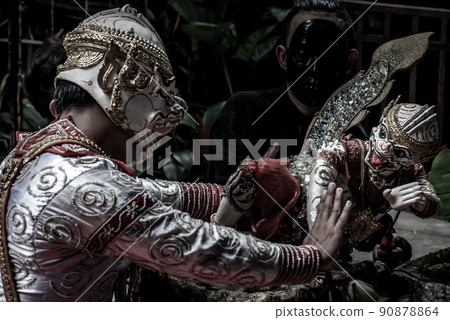 Traditional Puppet of Hanuman in Ramakien or Ramayana Story with thai puppeteers from Ramayana epic story at Baan Silapin (Artist House) in klong bang luang floating market. 90878864