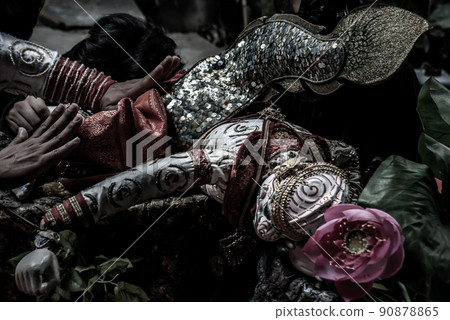 Traditional Puppet of Hanuman in Ramakien or Ramayana Story with thai puppeteers from Ramayana epic story at Baan Silapin (Artist House) in klong bang luang floating market. 90878865