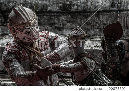 Traditional Puppet of Hanuman in Ramakien or Ramayana Story with thai puppeteers from Ramayana epic story at Baan Silapin (Artist House) in klong bang luang floating market. 90878891