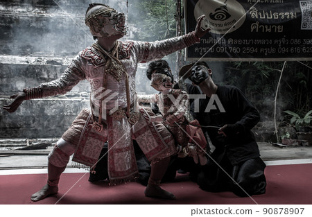 Traditional Puppet of Hanuman in Ramakien or Ramayana Story with thai puppeteers from Ramayana epic story at Baan Silapin (Artist House) in klong bang luang floating market. 90878907