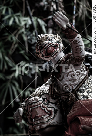 Traditional Puppet of Hanuman in Ramakien or Ramayana Story with thai puppeteers from Ramayana epic story at Baan Silapin (Artist House) in klong bang luang floating market. 90878920