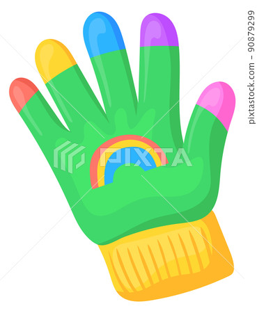 Funny glove with rainbow color knit fingers. Cartoon icon Funny glove with rainbow color knit fingers. Cartoon icon 90879299