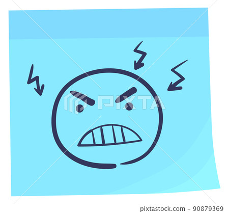 Blue sticky note with angry face drawing. Sticker with doodle Blue sticky note with angry face drawing. Sticker with doodle 90879369