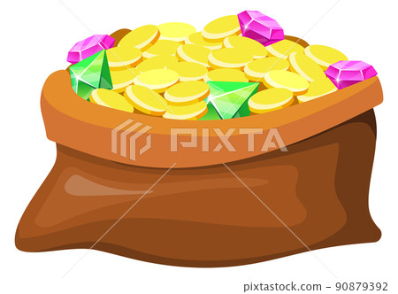 Treasure canvas bag. Brown sack full of golden coins Treasure canvas bag. Brown sack full of golden coins 90879392