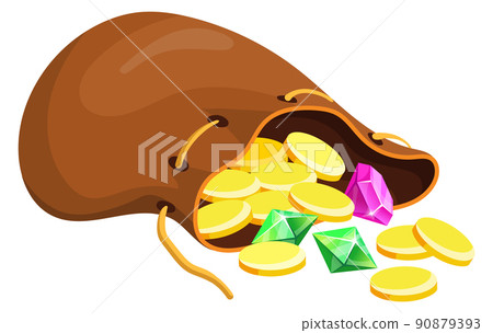 Open sack full of golden coins. Game treasure Open sack full of golden coins. Game treasure 90879393