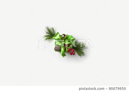 Christmas decorations. Holiday composition with toy balls,, gift boxies on white backgraund. Top view. minimalism 90879950