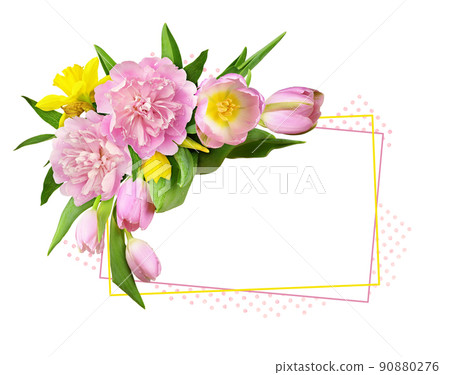 Pink peonies and tulip flowers in a corner floral arrangement with frame isolated on white background with polka dot Pink peonies and tulip flowers in a corner floral arrangement with frame isolated on white background with polka dot 90880276