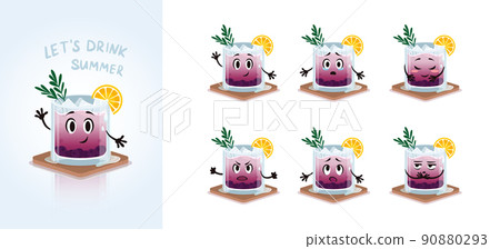 Cold summer drink. Cartoon lemonade character with hands emotions set. Cocktail with ice, lemon and blueberries. Mascot for advertisign Cold summer drink. Cartoon lemonade character with hands emotions set. Cocktail with ice, lemon and blueberries. Mascot for advertisign 90880293