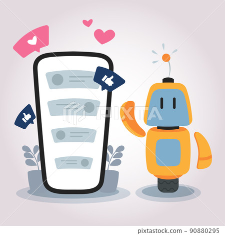 Concept phone illustration with robot assistant and chat. Conversation in social media, digital article and advertising Concept phone illustration with robot assistant and chat. Conversation in social media, digital article and advertising 90880295