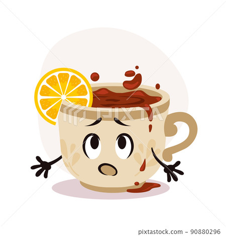 White tea cup with hot drink. Tea with lemon piece. Sad cartoon character with print on surface White tea cup with hot drink. Tea with lemon piece. Sad cartoon character with print on surface 90880296