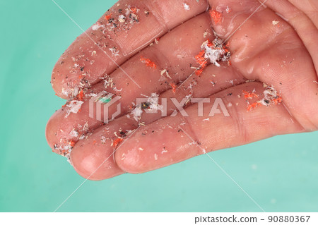 Microplastics in hand of man over water Environmental pollution and water microplastics. 90880367