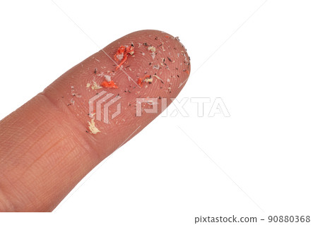 Small Plastic pellets on finger. Micro plastic, problem. 90880368