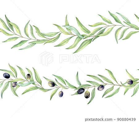 Watercolor seamless border with black olive, branch and leaves. Hand drawn watercolor illustration. Decorative design elements. Watercolor seamless border with black olive, branch and leaves. Hand drawn watercolor illustration. Decorative design elements. 90880439