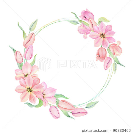Watercolor pink tulip wreath. Spring floral frame isolated on white background. Watercolor pink tulip wreath. Spring floral frame isolated on white background. 90880463