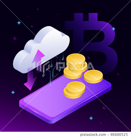 Blockchain Data Storage. Creative Crypto Cloud with Coins and Smartphone Illustration 90880525