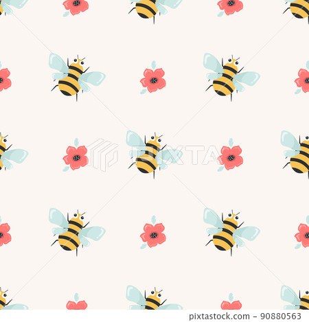 Seamless pattern with bees and flower heads 90880563
