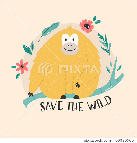 Vector illustration of a funny orangutan and text save the wild Vector illustration of a funny orangutan and text save the wild 90880569