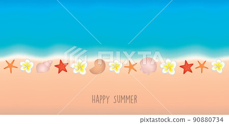 happy summer holiday marine background with shell starfish and frangipani flower 90880734