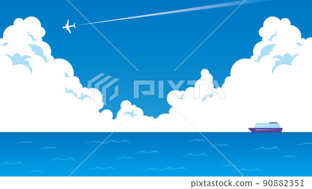 The blue sky and the sea where the cumulonimbus clouds spread, the scenery where a ship floats off the coast and an airplane flies (16: 9) 90882351