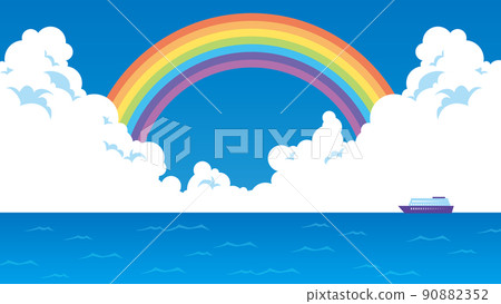 藍天上的彩虹，積雨雲和一艘漂浮在藍色大海上的船（16:9） 90882352