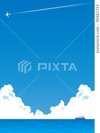 The blue sky and the sea where cumulonimbus clouds spread, the scenery where a ship floats off the coast and an airplane flies (vertical) 90882355