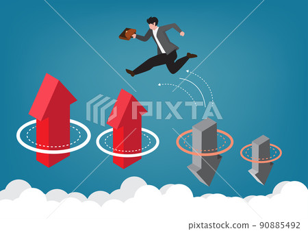 Overcome challenges and barriers to concept. Successful businessman jumping over down arrow Overcome challenges and barriers to concept. Successful businessman jumping over down arrow 90885492