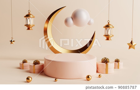 Product podium in Ramadan or Eid Mubarak islamic traditional culture style on coral color background. Holiday and Arabian festival concept. 3D illustration rendering Product podium in Ramadan or Eid Mubarak islamic traditional culture style on coral color background. Holiday and Arabian festival concept. 3D illustration rendering 90885787