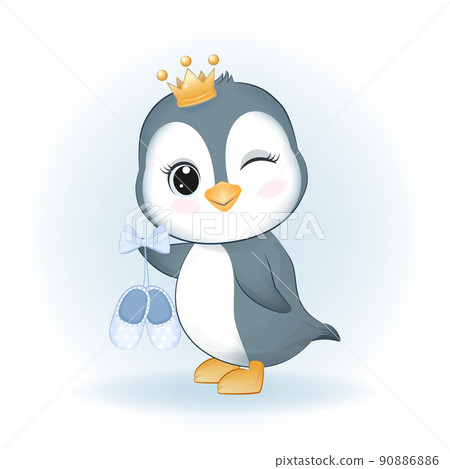 Cute little Penguin holding baby shoes Cute little Penguin holding baby shoes 90886886